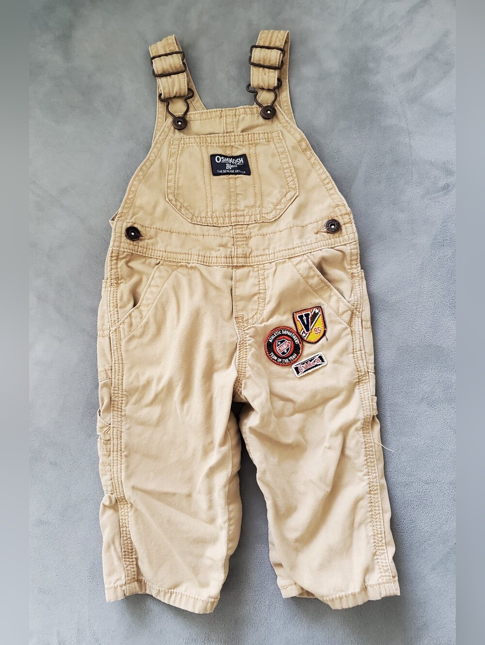 00s 10s Oshkosh B'Gosh Utility Tan Khaki Varsity Patch Overalls 9 months